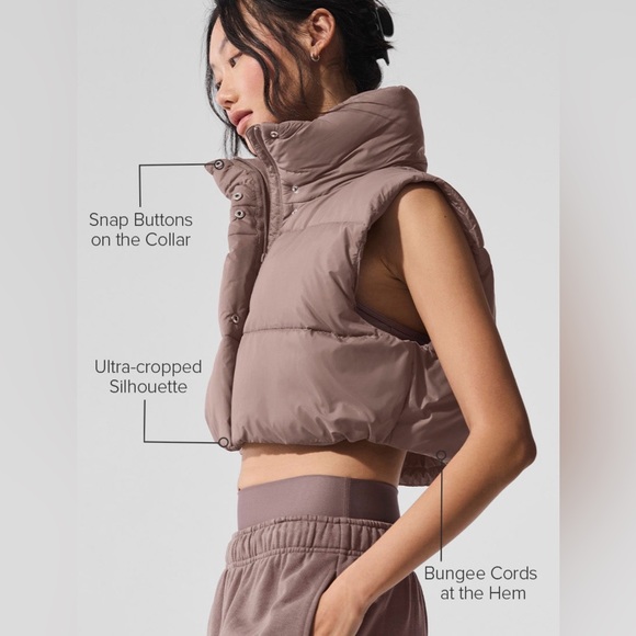 Alo Cropped Gold Rush Puffer Vest - Mushroom M Authentic NWT - Picture 2 of 5
